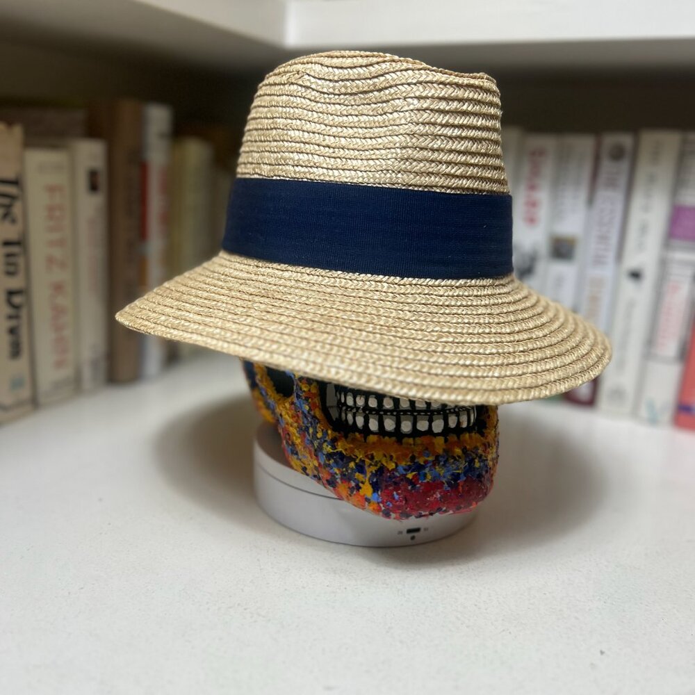 Unisex Panama Hat - Med Brim Beach Pool Cuba Fedora - Woven Hat - Navy Blue Band